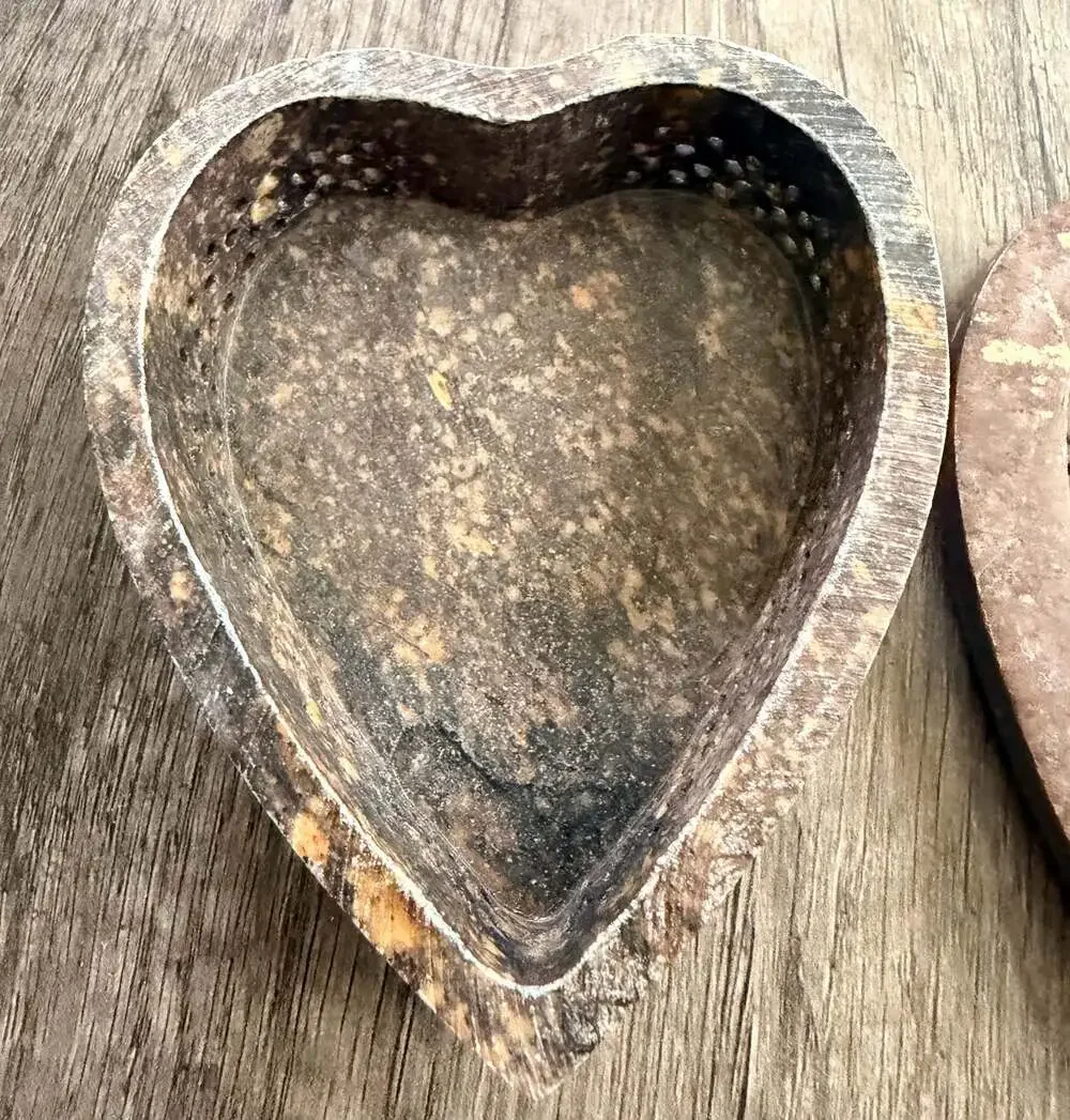 Vintage Hand-Carved Soapstone Heart-Shaped Trinket Box with Lattice Lid and Moth